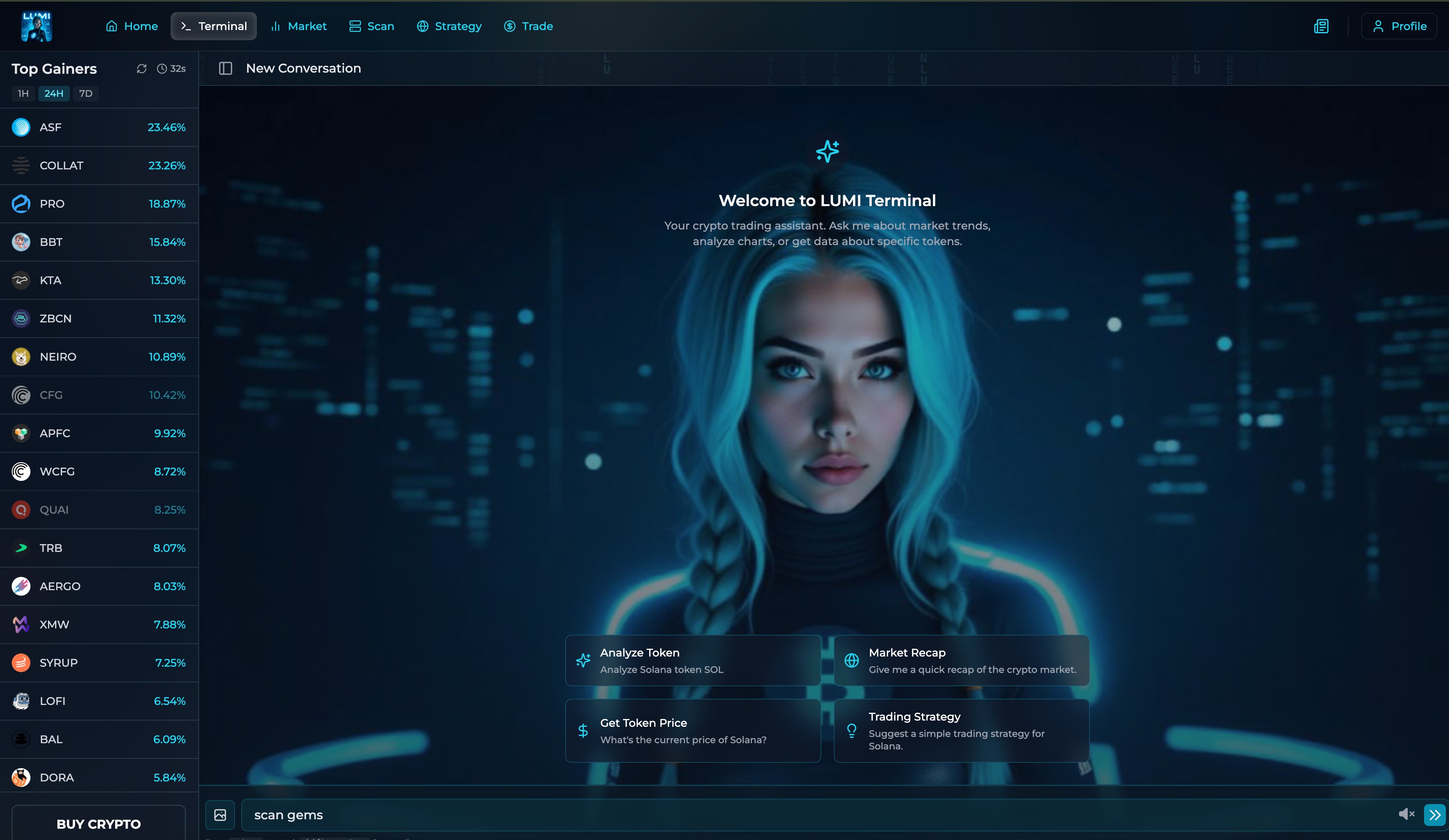 LUMI Trading Terminal - AI-powered conversational interface with Top Gainers sidebar, welcome message, and interactive trading assistant