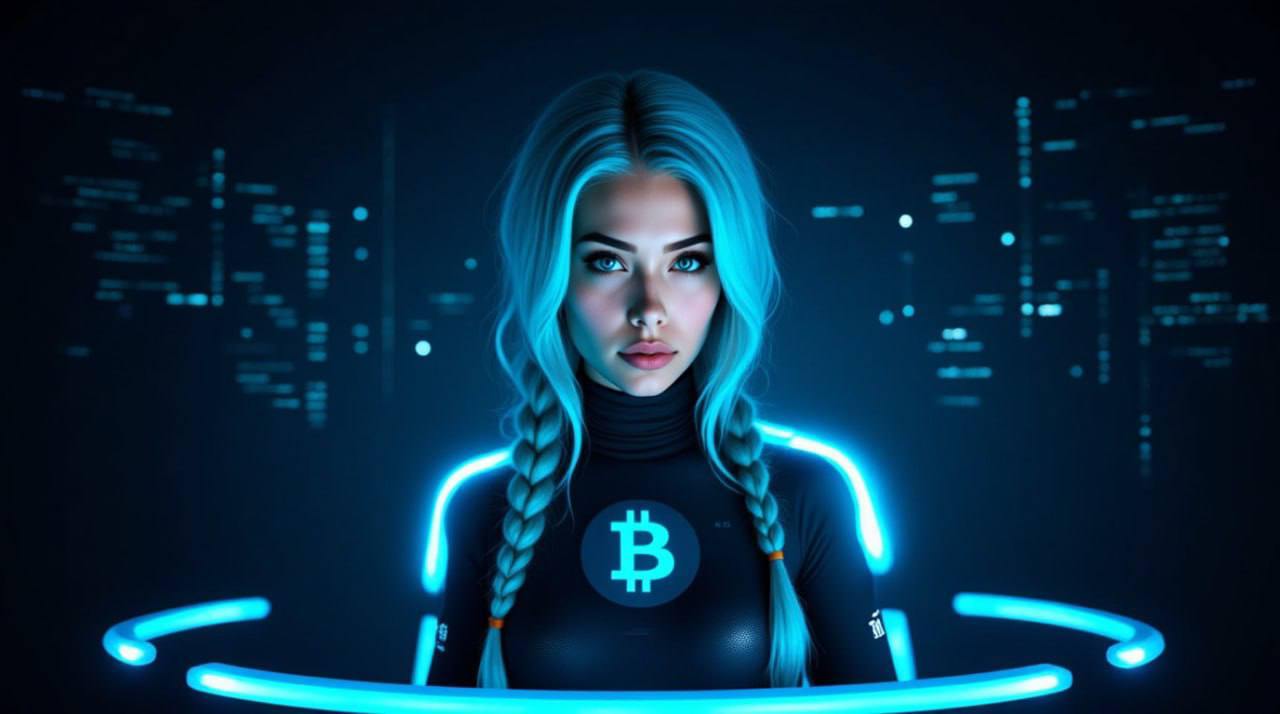 LUMI AI Trading Assistant - Futuristic crypto trader with blue neon lighting and Bitcoin symbol
